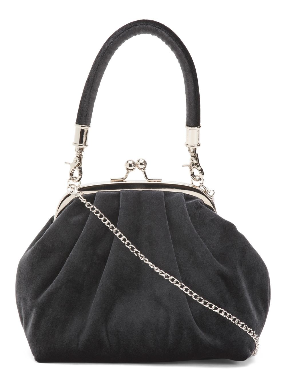Black Suede Frame-Top Clutch with Chain Strap